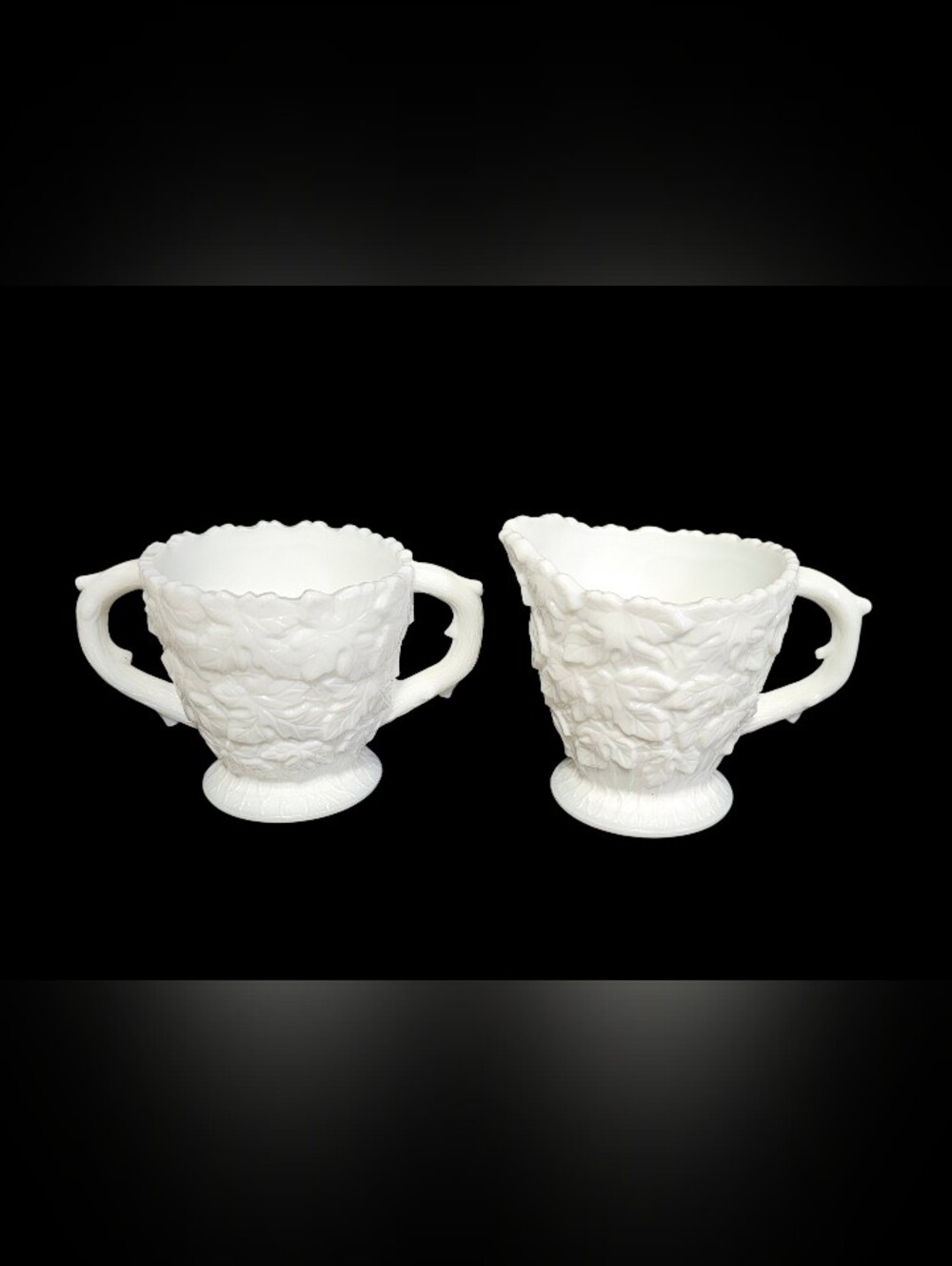 Vintage White Milk Glass Westmoreland Bramble Maple Leaf Creamer & Sugar Set